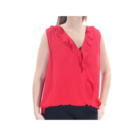 Ruffle Neck Wrap - INC Womens Red Ruffled Sleeveless V Neck Faux Wrap Top Size: L