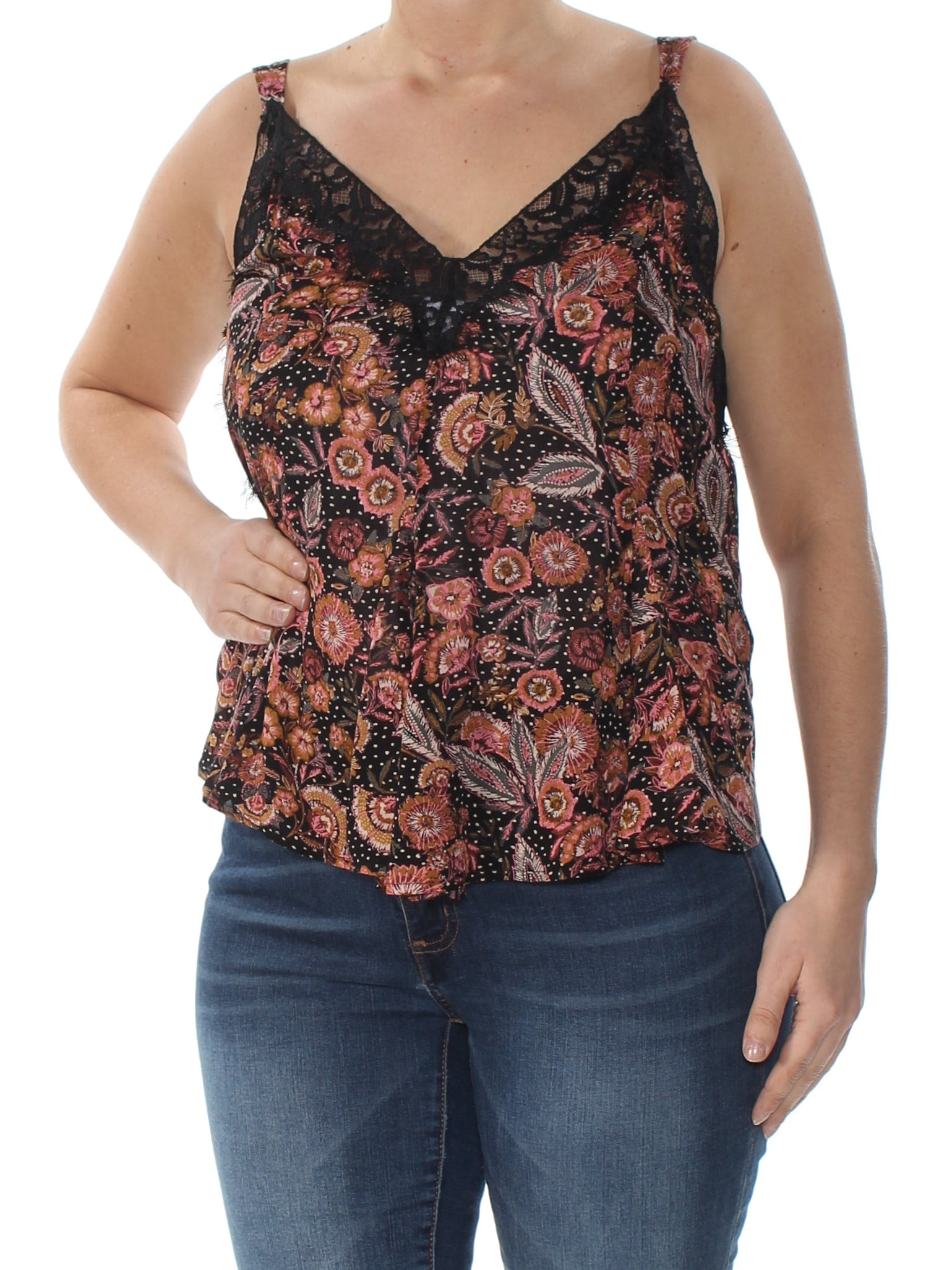 Free People FREE PEOPLE Womens Black Lace Trim Cami Printed Sleeveless V Neck Top Size XS
