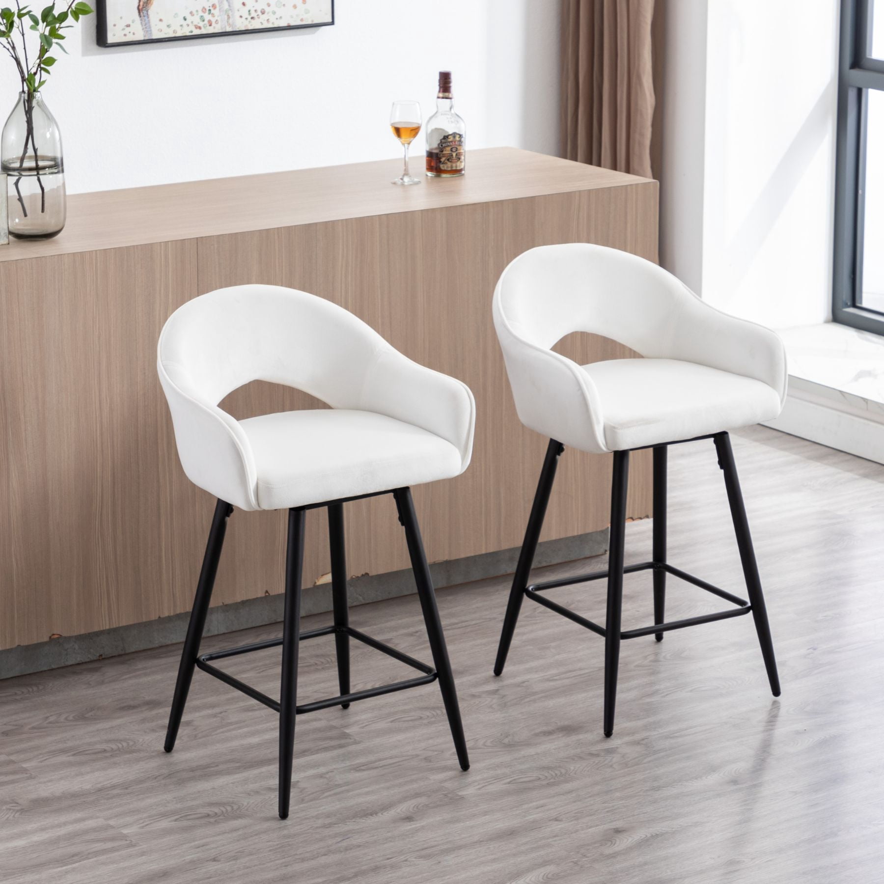 27" Modern Swivel Bar Stools Set of 2, Velvet Counter Height Stools with Metal Legs, Hollow Curved Backrest for Kitchen Island, Home Bar, Bistro, Cream White