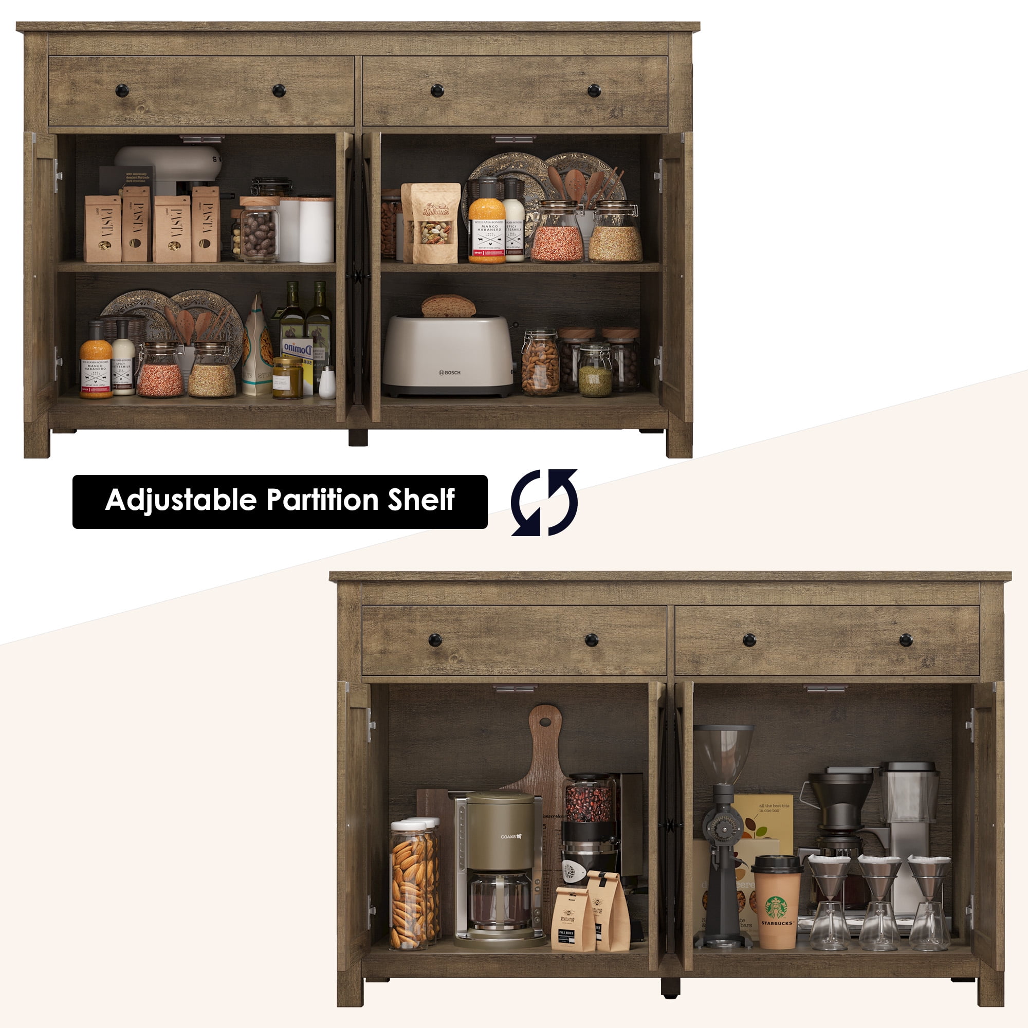 Homfa 4 Doors 2 Drawers Farmhouse Storage Cabinet Wood Sideboard with Adjustable Shelves for Kitchen Dining Room White