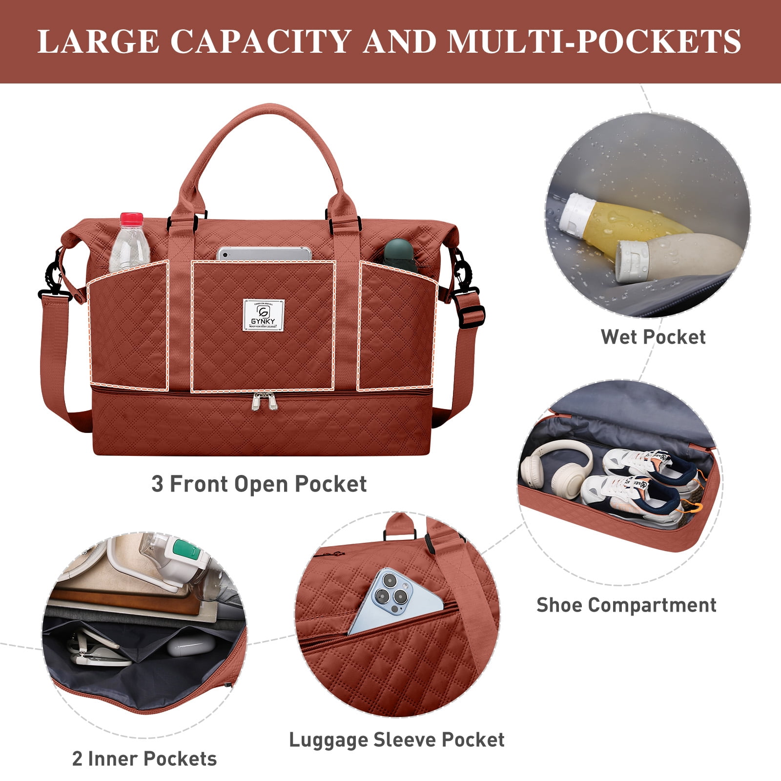 Gynky Travel Duffle Bag Weekender Bags for Women with Shoe Compartment Carry on Overnight Bag Gym Duffel Bag with Wet Pocket Hospital Bags for Labor and Delivery
