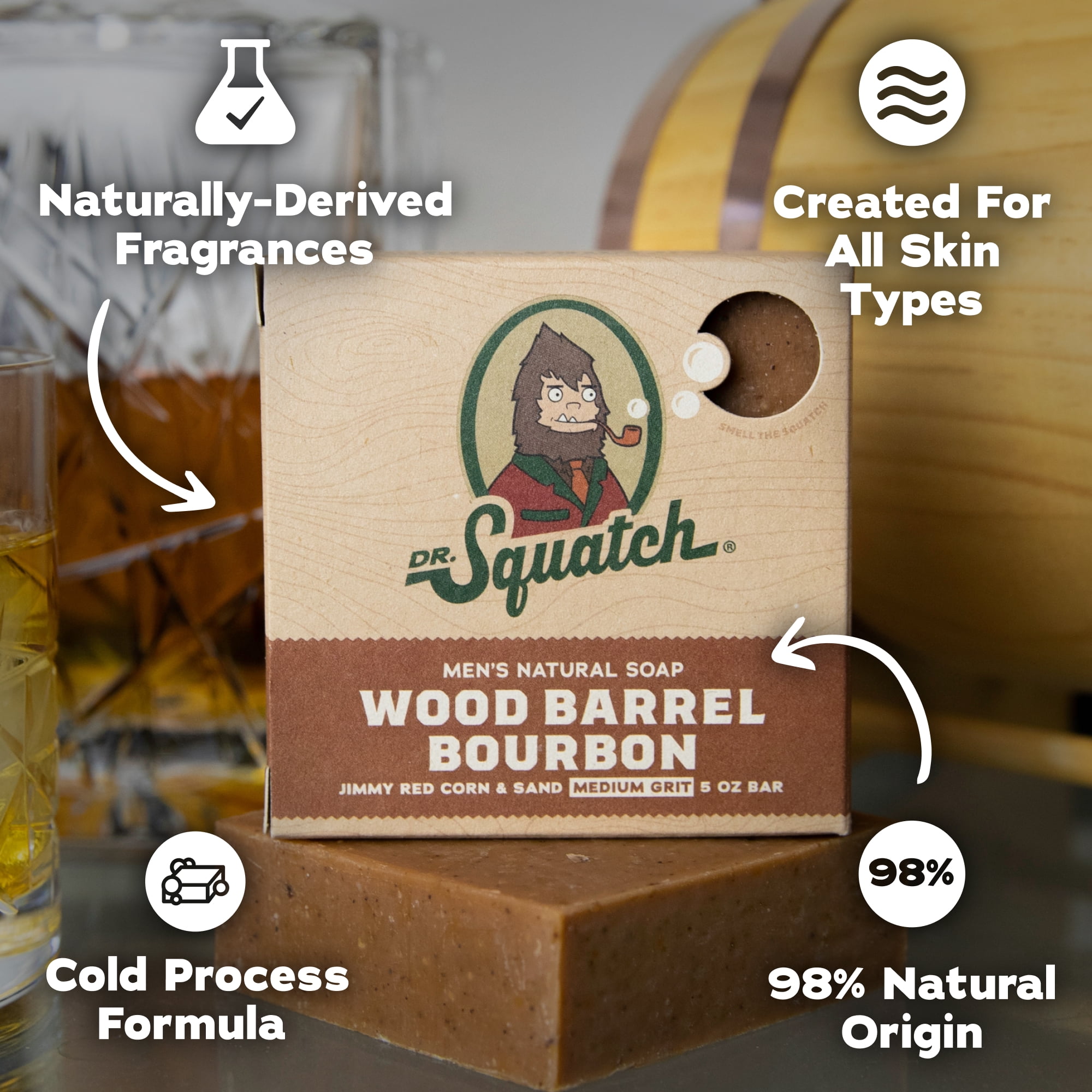 Dr. Squatch Men's Soap, Natural Bar Soap for Men, Cold Process, Gifts for Men, Wood Barrel Bourbon, 5 oz, 3-Pack