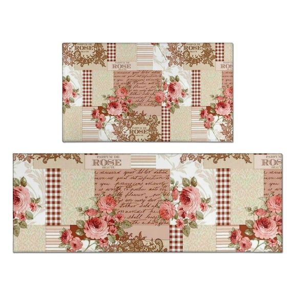 Pioneer Flower Floral Print Pattern Kitchen Rugs Sets Of 2,Anti Fatigue Kitchen Mat Rugs Non Slip Washable,Decorative Kitchen Floor Mats for Kitchen,Sink,Laundry,17"x30" 17"x47"