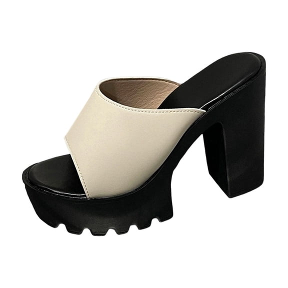 KEGIRLOM Women's Fashionable Casual Versatile Heel Open-Toe Plus Size Shoes Spring/Summer Trendy High-Heeled Sandals Beige 6.5