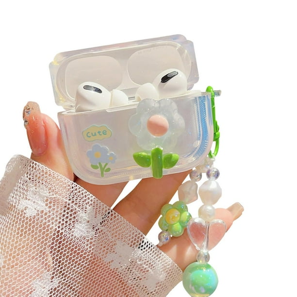 Phoeacc Cute Airpod Pro 2 / Airpod Pro Funda 3D Flor Con Llavero Funda Protectora De Tpu Dura Transparente Compatible Con Airpods Pro 2ª/1ª Generación Funda Para Niñas Mujeres (Verde Floral)