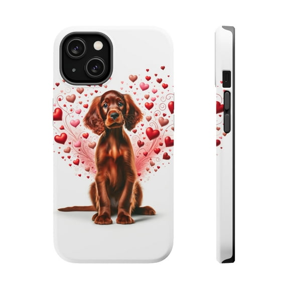 DistinctInk Tough Case for Apple iPhone 13 MINI (5.4" Screen), Compatible with MagSafe Charging - Valentine's Day Irish Setter Puppy