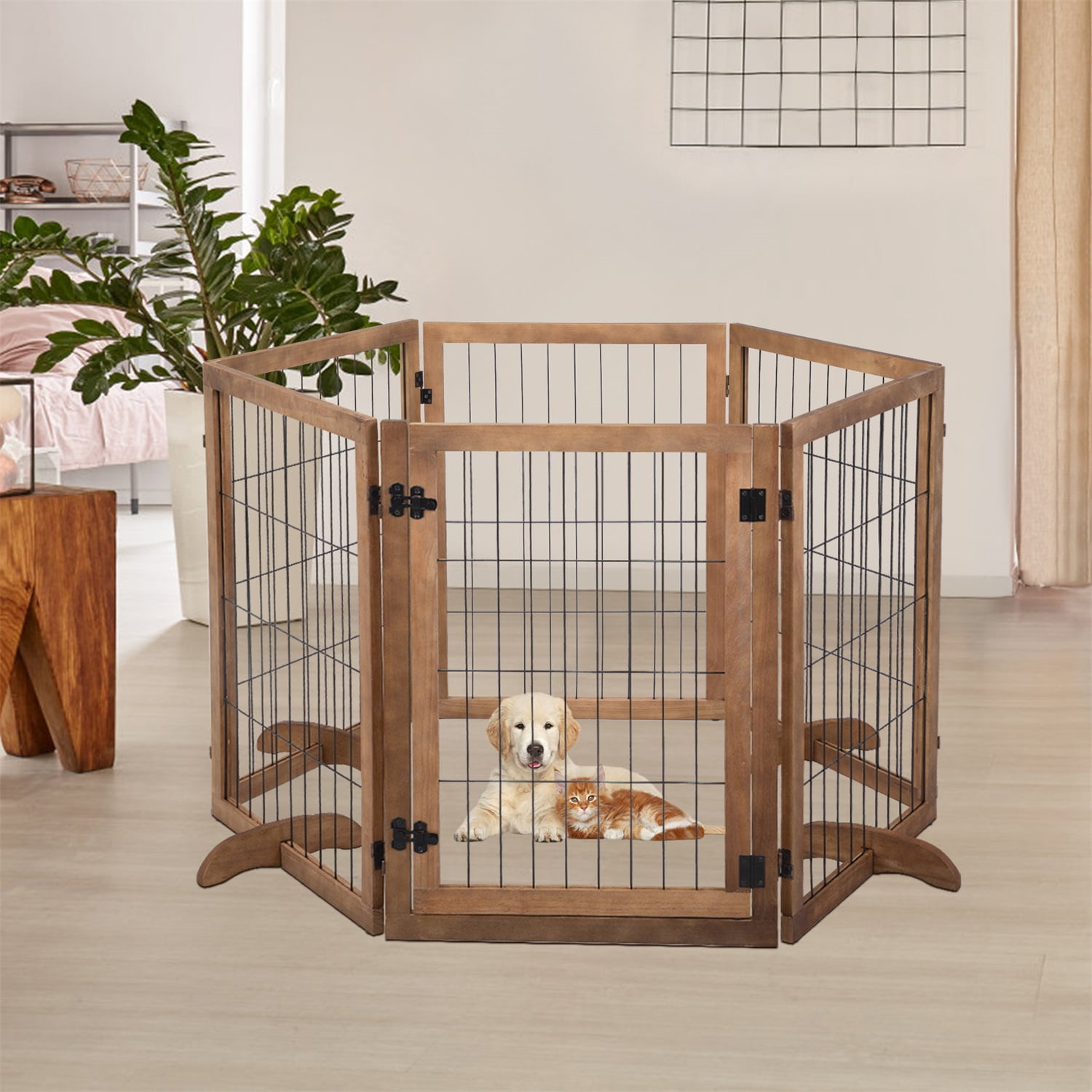 Pefilos 144" Freestanding Dog Gate, Folding Pet Playpen Puppy Safety Fence, Wood Dog Playpen with 4 Support for Stairs, White Pefilos 144" Freestanding Dog Gate, Folding Pet Playpen Puppy Safety Fence, Wood Dog Playpen with 4 Support for Stairs, White