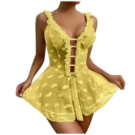 

QWERTYU Women s Lace Deep V Neck Chemise Teddy Sexy Babydoll Mesh Nightgown Sleepwear Yellow L