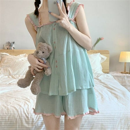 

CoCopeaunt Pajama Sets Women Sweet Sleeveless Sleep Top Sexy Ruffles Shorts Design Panelled Trendy Pajamas for Teen Girls Ulzzang Sleepwear