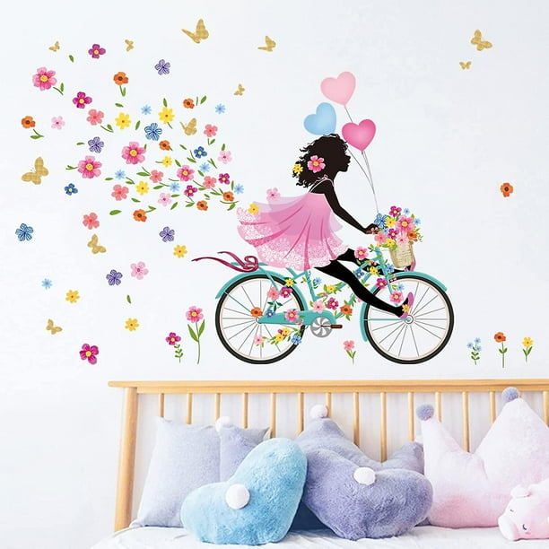 Liangnv Hada de las flores pegatinas de pared niña bicicleta mariposa pegatinas de pared bebé Liangnv Ursery niños dormitorio decoración para las paredes del salón