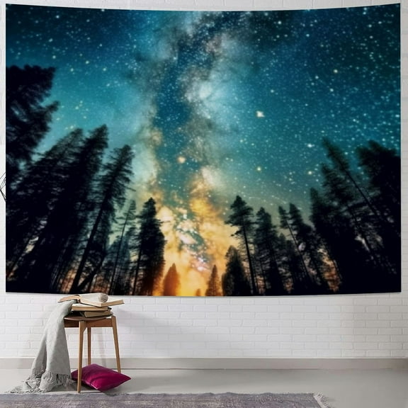 PRATYUS Forest Starry Tapestry Wall Hanging, Campfire Starry Night Sky Galaxy Tapestry Nature Tapestry Tree Wall Tapestry Landscape Tapestry for Bedroom Dorm Living Room 40x30inch