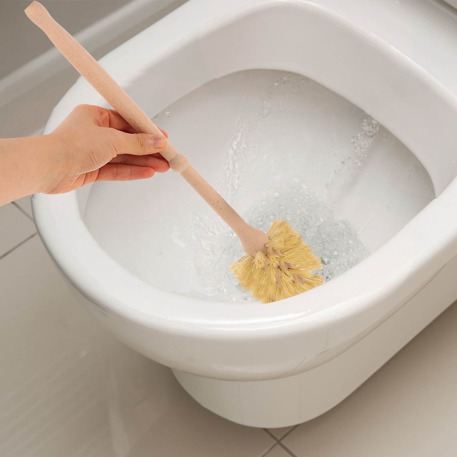 WEUVEB Toilet Brush Set with Khaki Wood Handle and Ceramic Holder, Bathroom Cleaning Tool for Easy Toilet Maintenance