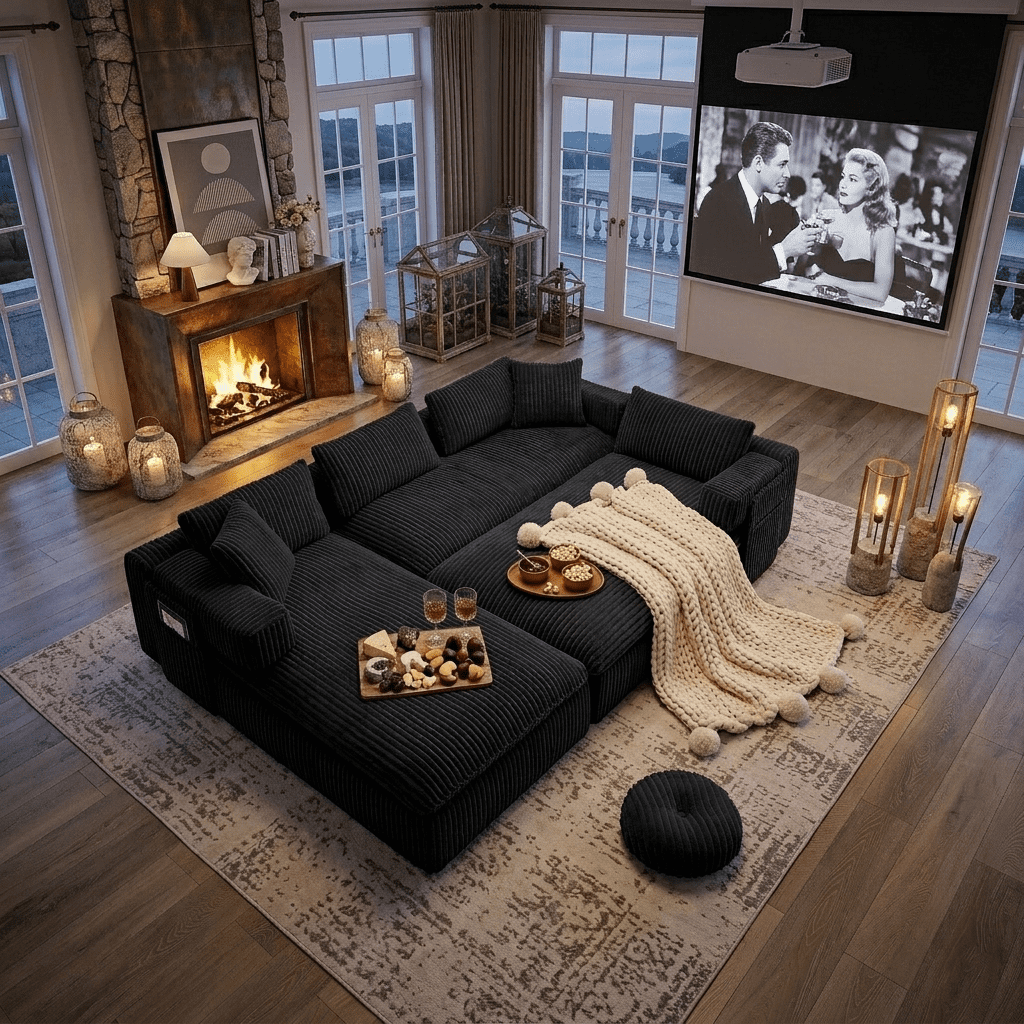 Howcool 149"W Oversized Modular Sectional Sofa,7-in-1 Corduroy U Shaped Sofa Couch with Double Chaise Lounge,Convertible Sleeper Sofa Bed,Deep Seat Cloud Couch for Living Room,Black