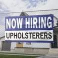thumbnail image 2 of Now Hiring Upholsterers 13 oz Heavy Duty Vinyl Banner Upholsterer Jobs Available Upholsterer Help Wanted Sign for Business Indoor/Outdoor Single-Sided with Metal Grommets (4x10 ft, Wh & Bl & Bk), 2 of 6