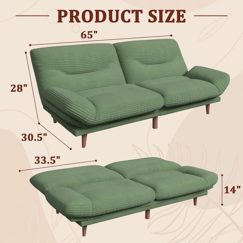 Lacoo 65"W Convertible Futon Sofa Bed with Five-level Adjustable Armrests,Corduroy Green