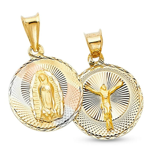 Jesus Crucifix & Virgin Mary Pendant 14k Yellow White Rose Gold Double Sided Charm 25 x 20 mm