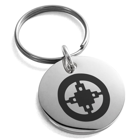 Stainless Steel Aztec Intelligence Rune Engraved Small Medallion Circle Charm Keychain Keyring