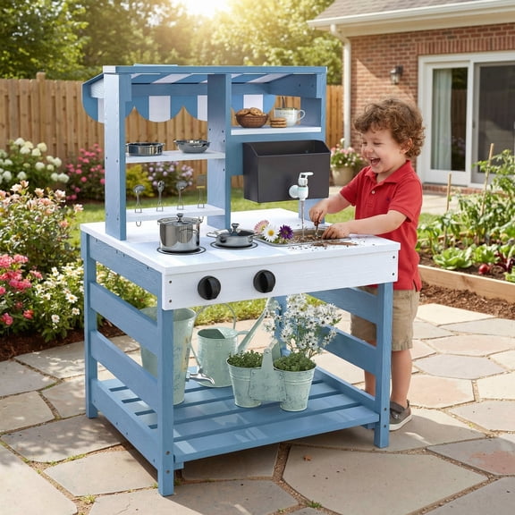 BRINJOY Kids Mud Kitchen & Sensory Play Station, Double-Sided Wooden Design with Realistic Faucet, Sink & Menu for Backyard Fun Gift for Ages 3 