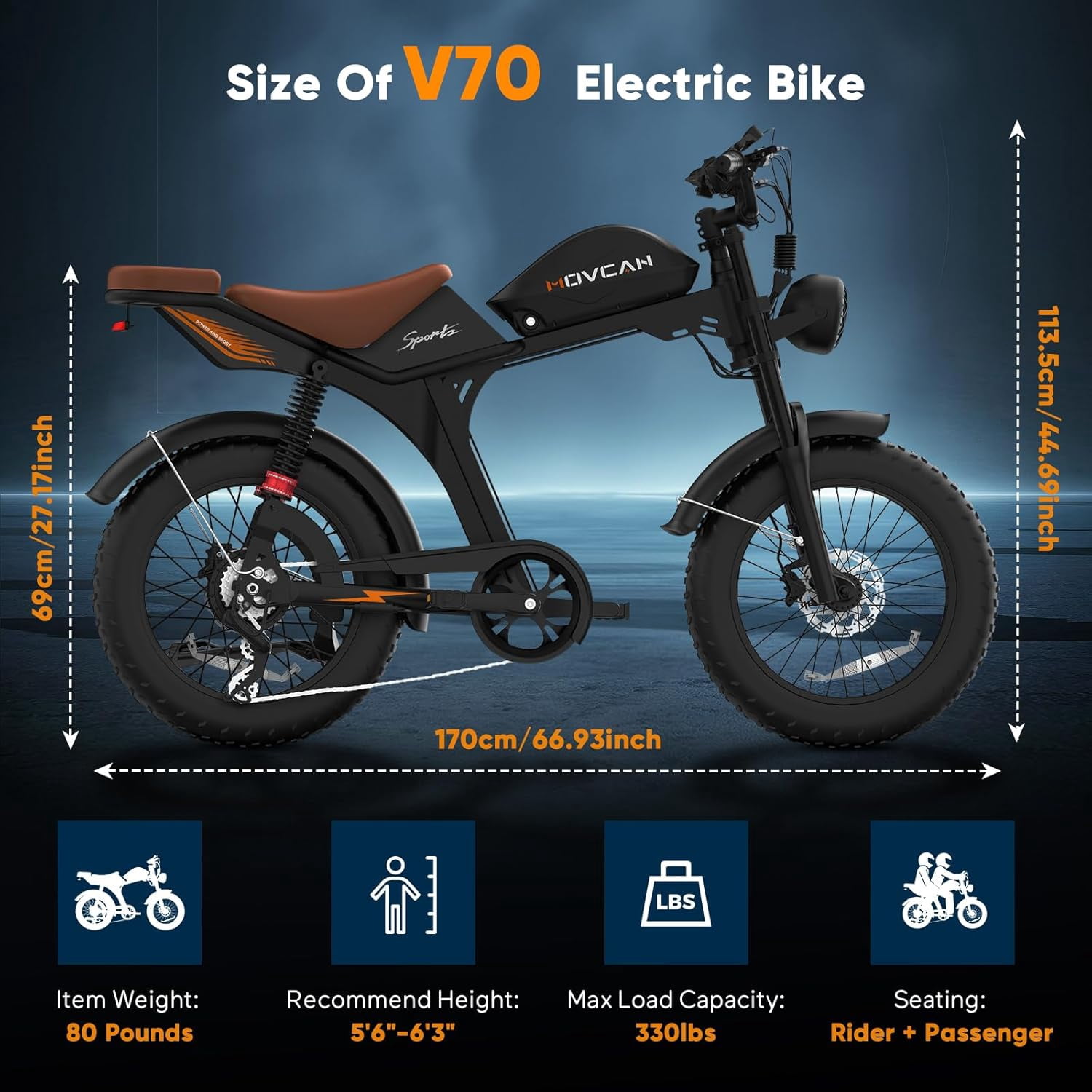 Movcan V70 Electric Bike for Adults, Peak 2500W 35mph 52V 23.4Ah Mountain Ebike,20" Fat Tire Full Suspension UL2849