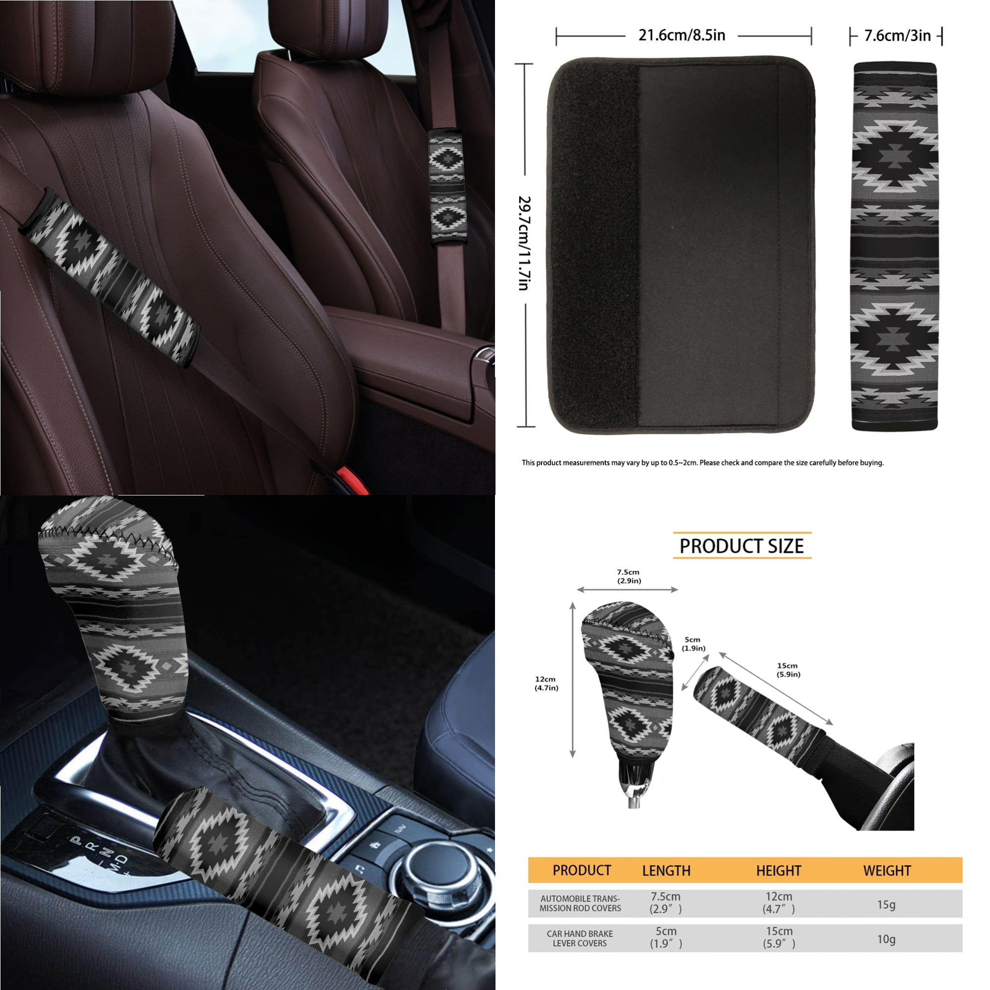 Renewold American Tribal Black Grey 14 PCS Car Seat Cover Full Set, Steering Wheel Seat Belt Rear View Mirror Center Console Cover Trash Can Coaster Gear Shift Knob Cover Set Universal Fit