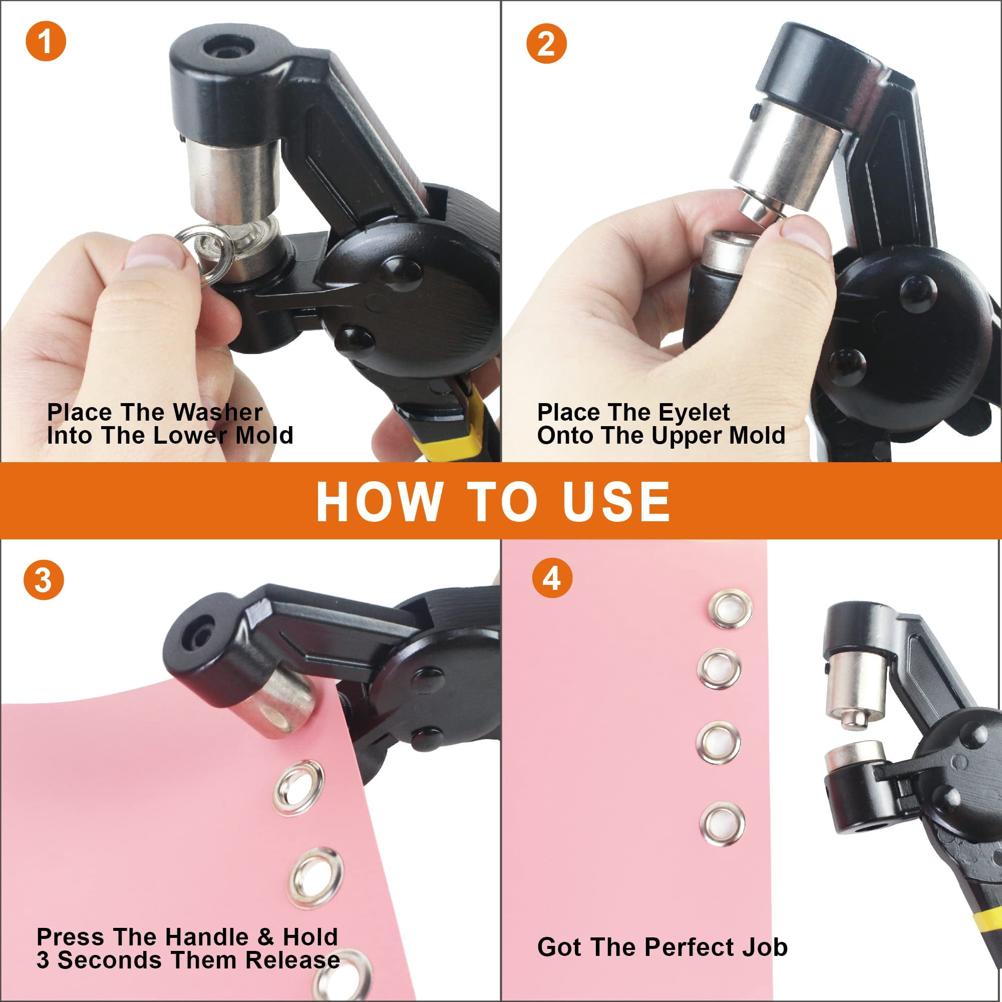Grommet Tool Kit  Eyelet Multi-purpose Handheld Manual Hole Punch Rivet Press Plier Crimper 3 Interchangeable Dies With 900 Set 7/32" 5/16" 3/8" Metal Grommets Washers