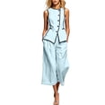 thumbnail image 2 of Karymi Womens Tops Dressy Casual 2 Piece Contrast Piping Outfit Set, Crew Neck Sleeveless Button Vest Top+Pleated Cuffed Cropped Wide Leg Capri Pants with Pockets Tops for Women Trendy, 2 of 6