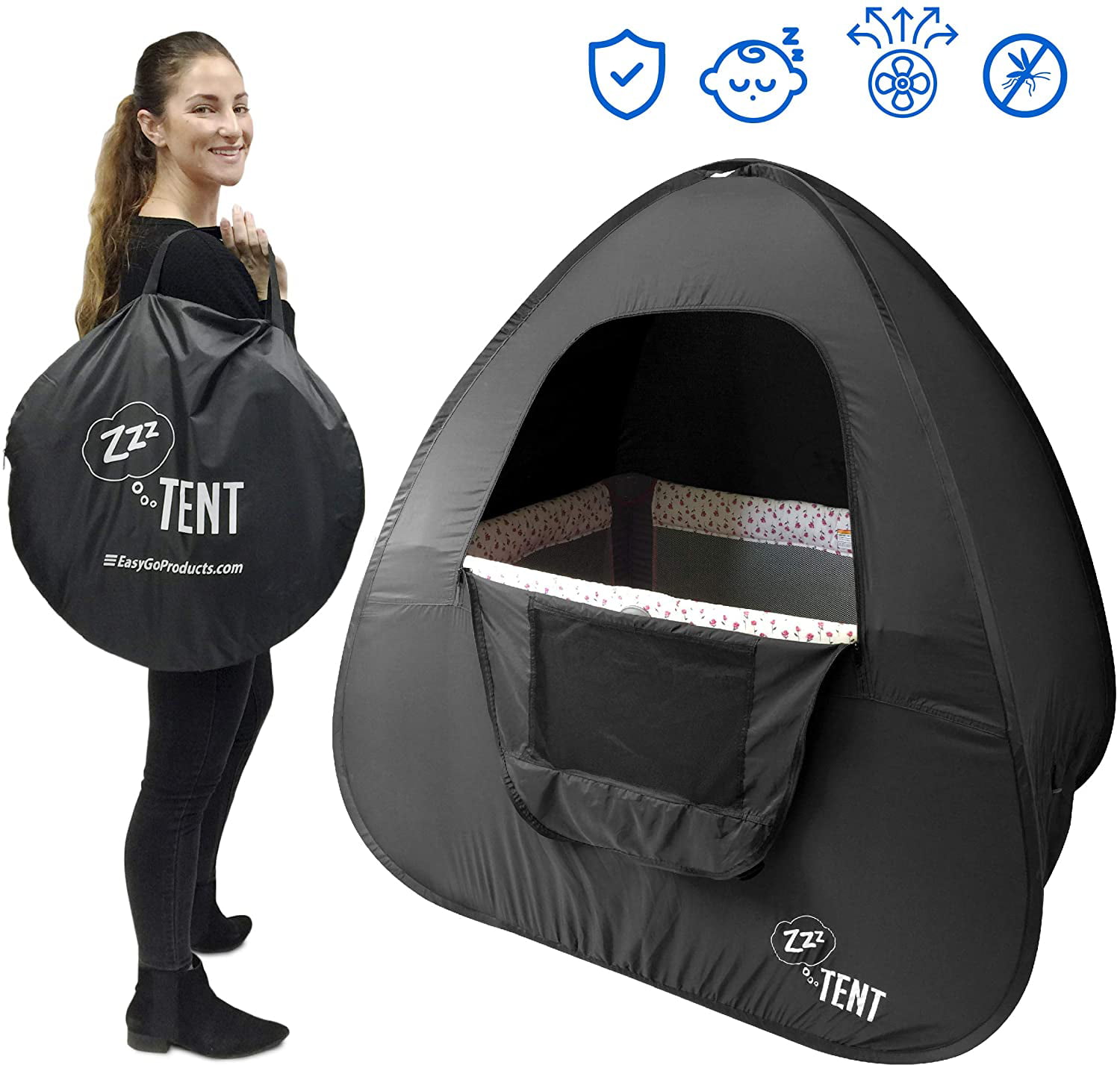 EGP ZZZ Play & Crib Canopy Blackout Instant Tent – Compatible with Pack ‘n  Play, Baby Bjorn & Lotus Travel Crib, Black, Longer sleeping – let’s face  