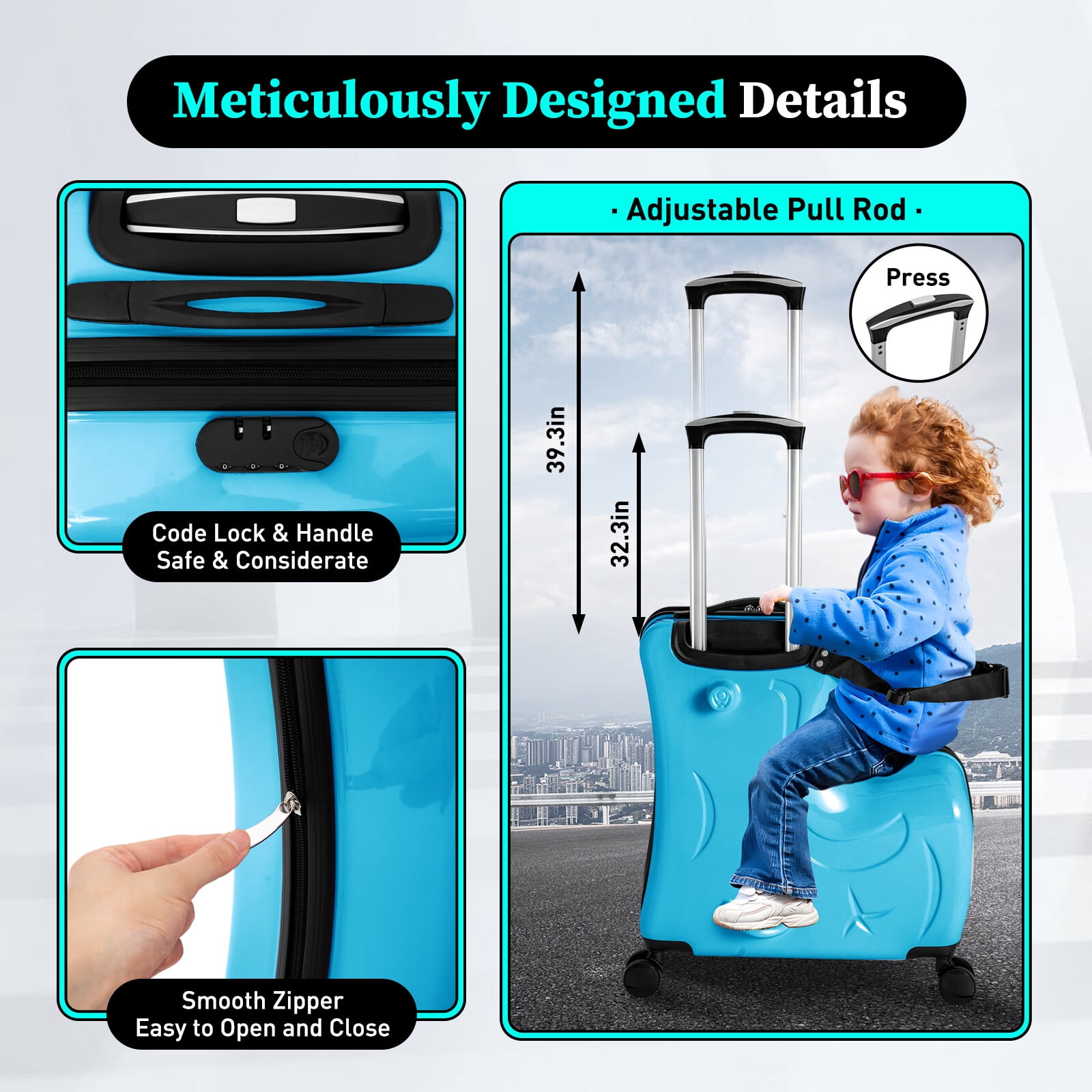YIYIBYUS 20 Inch Blue Children's Suitcase Kids Ride-On Suitcase Spinner Luggage Kids Trunk for 1-6 years old