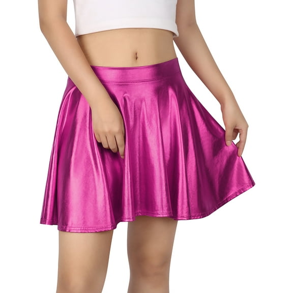 HDE Women's Shiny Liquid Metallic Wet Look Flared Pleated Skater Skirt Hot Pink S
