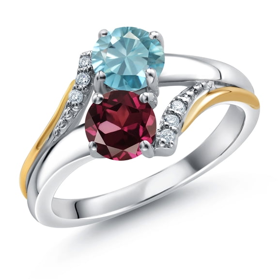 10K Yellow Gold and 925 Silver Red Rhodolite Garnet and Blue Zircon and White Lab Grown Diamond Accent Engagement Ring for Women (1.48 Cttw, Gemstone January Birthstone, Round 5MM, Size 6)