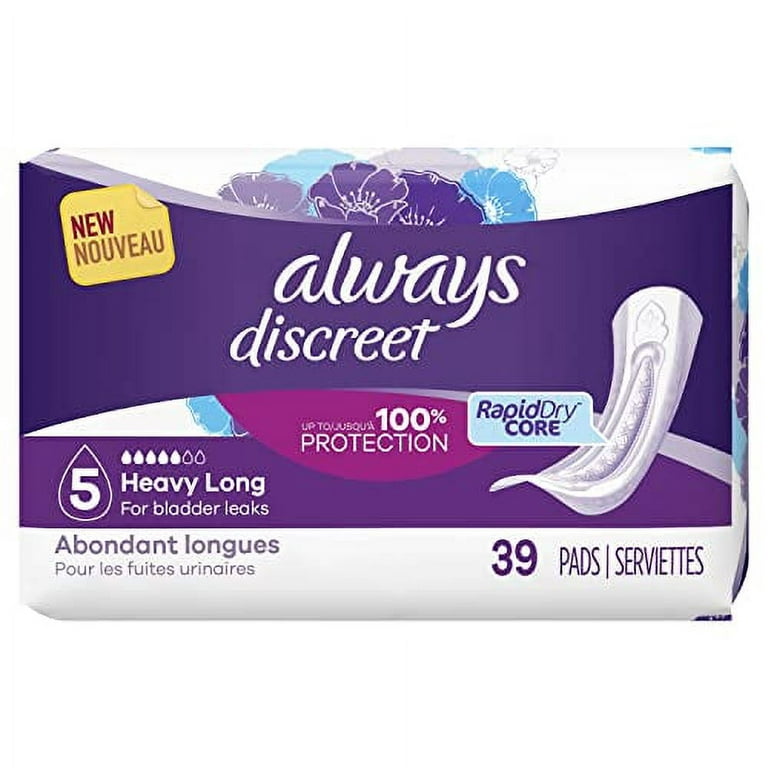 Always Discreet, Incontinence Pads for Women, Maximum, Long Length  (Packaging May vary), Purple, 39 Count 