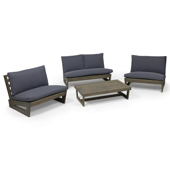 GDF Studio Elloree Outdoor Acacia Wood 4 Seater Chat Set with Cushions, Gray and Dark Gray