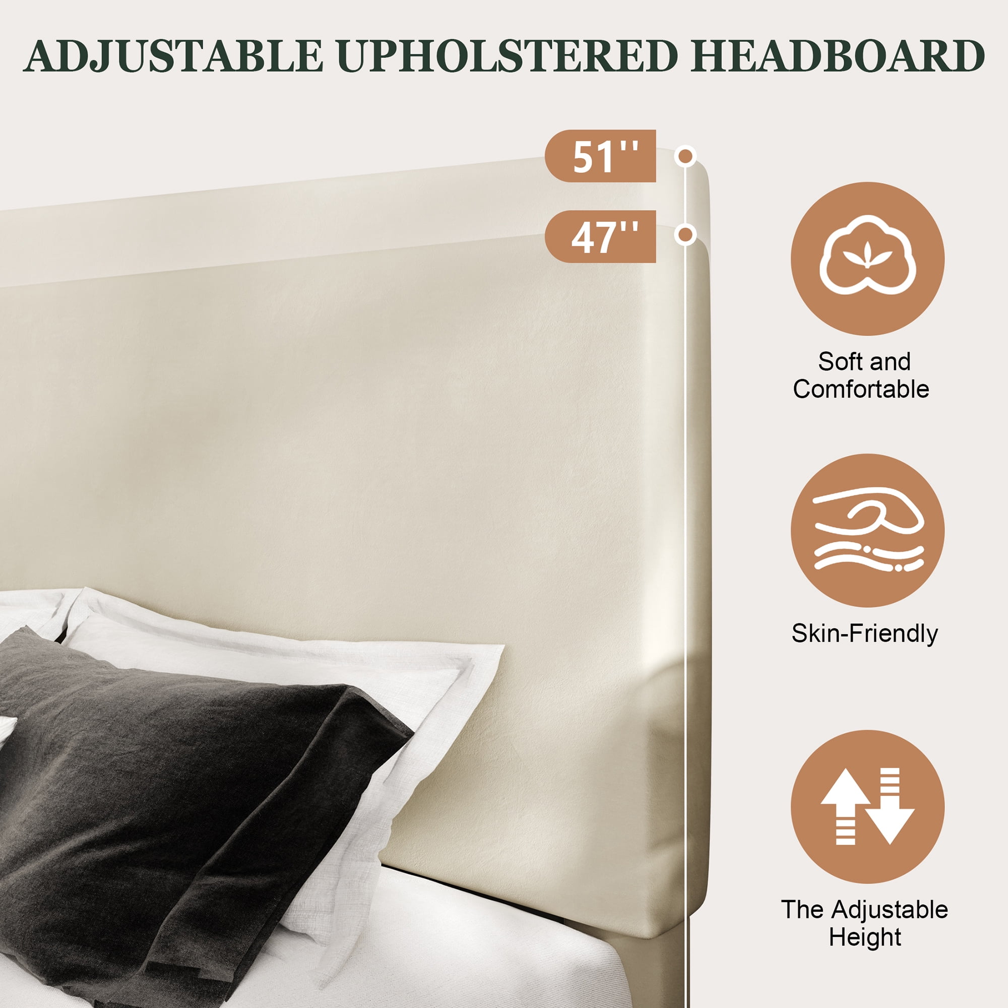 Amolife Queen Bed Frame, Platform Bed Frame with Upholstered Adjustable Headboard, Cream White, Velvet