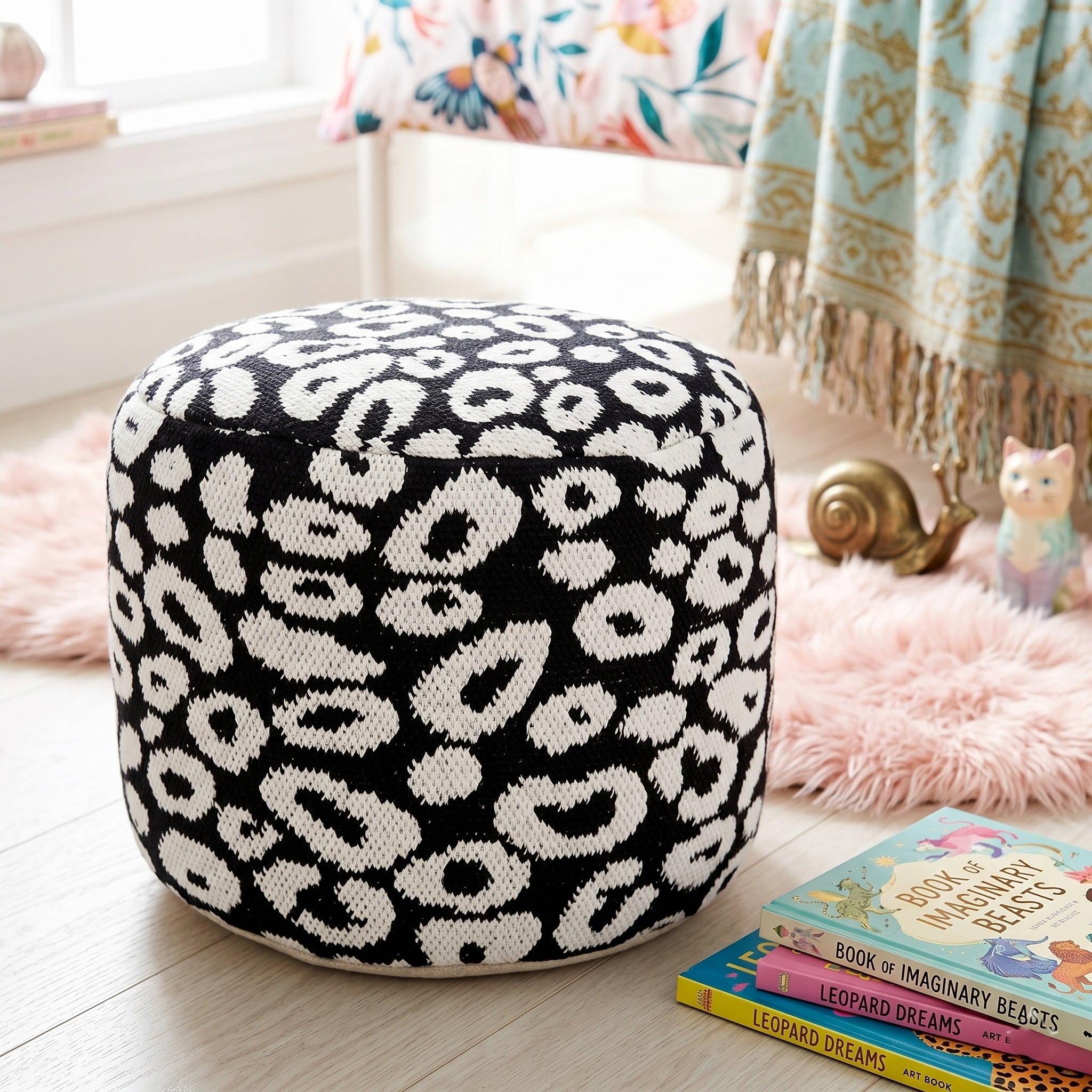 LR Home Small Abstract Indoor Round Pouf, Black/White, 18" x 18" x 14"