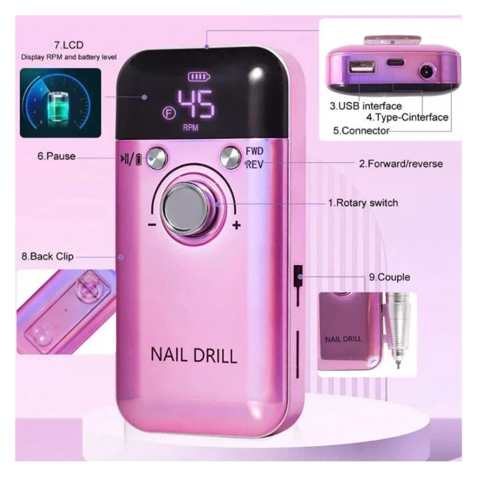 45000RPM Electric Nail Drill Machine Professional Nail Drills for Gel Nails Polish Rechargeable Portable Nail File Manicure Tool
