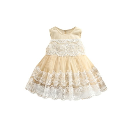

Canrulo Toddler Baby Girls Summer Party Princess Dress Sleeveless Round Neck Lace Stitching Zipper A-Line Dress Champagne 3-4 Years