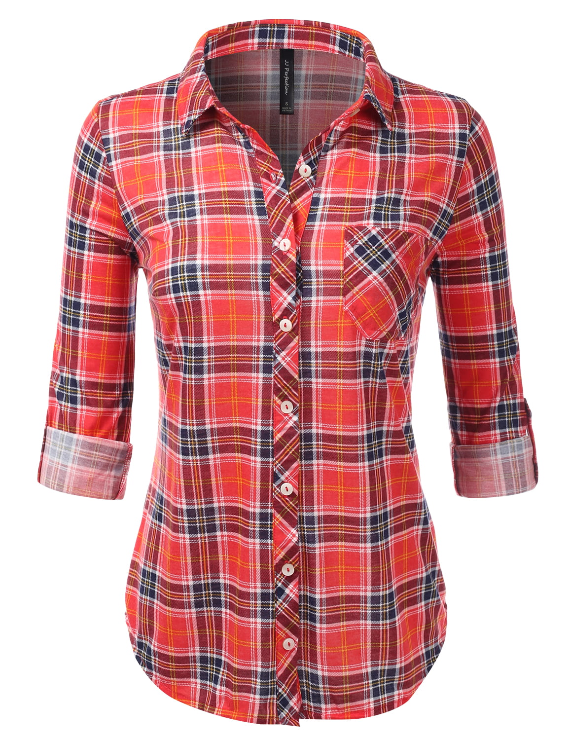 JJ Perfection - JJ Perfection Womens Long Sleeve Knit Plaid Collared ...