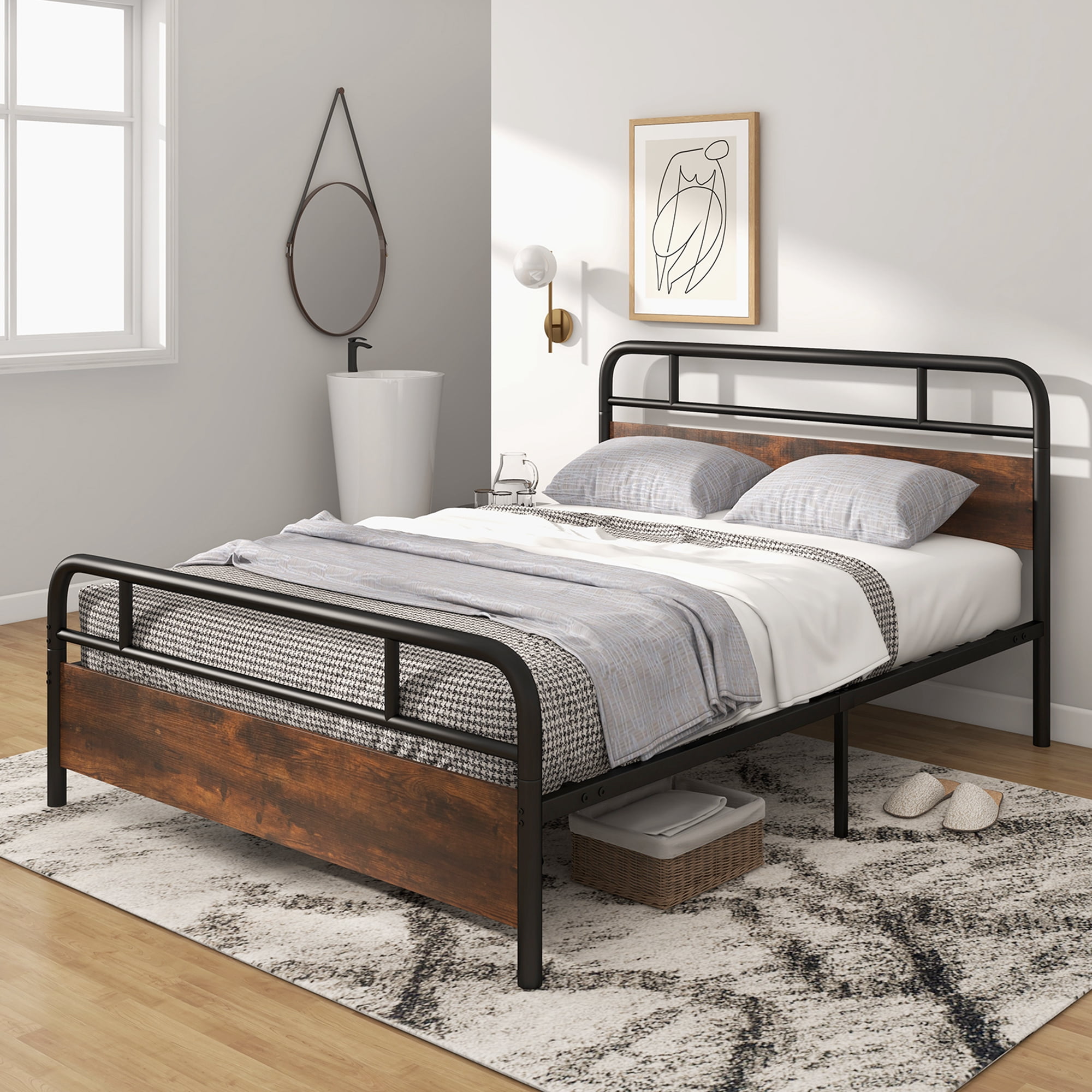 Costway Queen Size Metal Platform Bed Frame Industrial Headboard Mattress Foundation