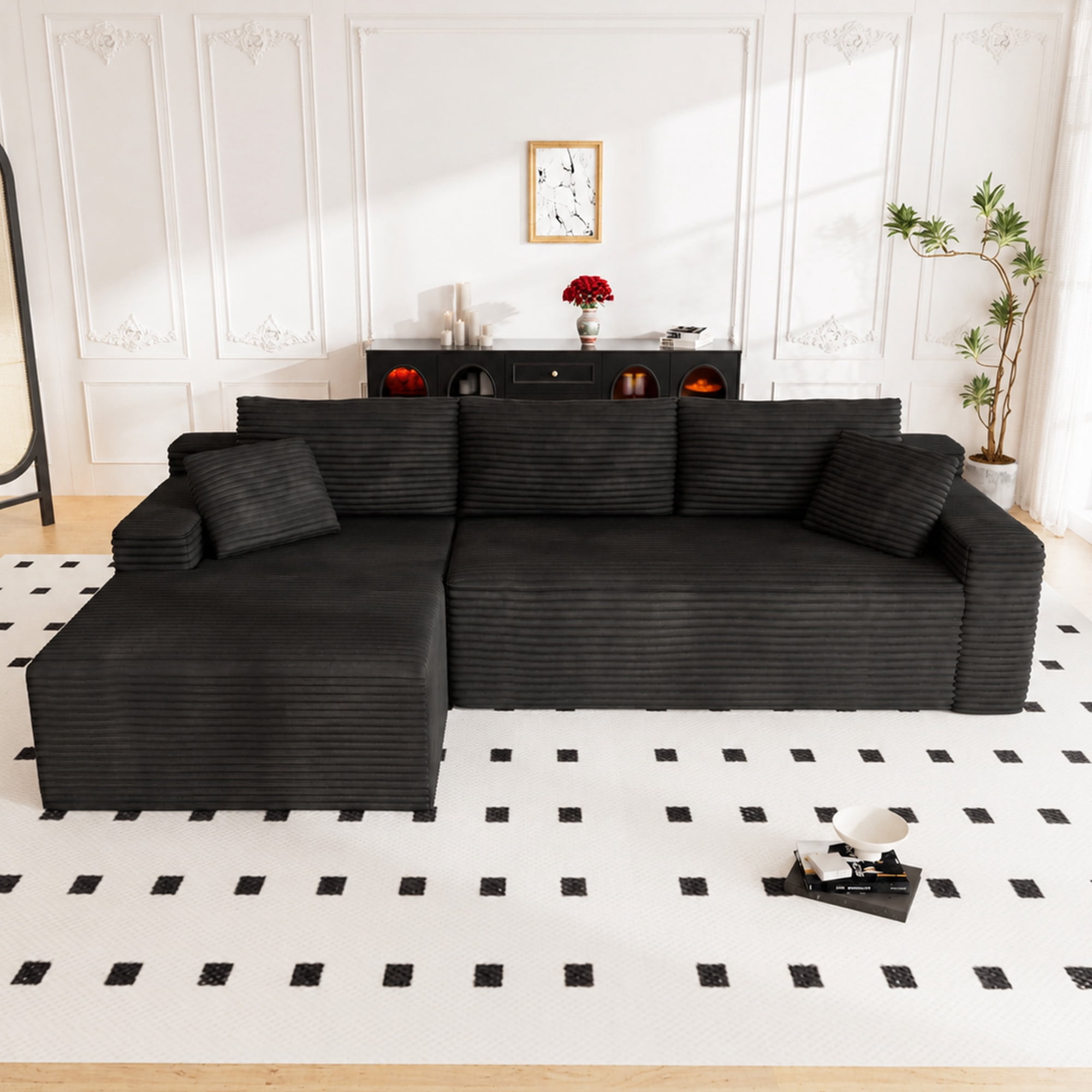 Lunale 105" Modular L-Shaped Sectional Sofa, Boneless Cloud Couch, No Assembly Required, Modern Deep Seat Corduroy Sofa for Living Room, Black (Left Facing Chaise)