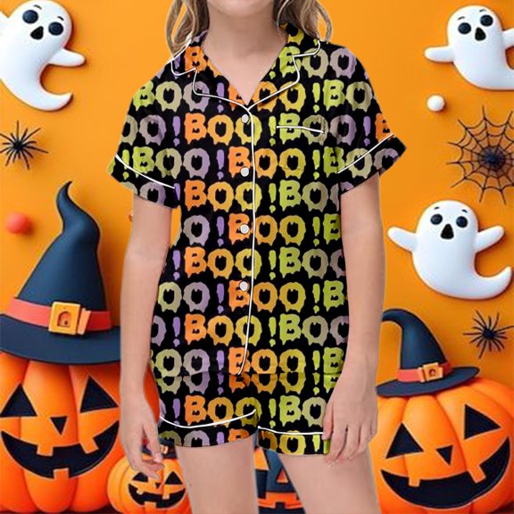 BOOMNY Halloween Girls 2 Peice Pajamas Sets Hallowmas Pumpkin Ghost Graphic Short Sleeve Buttons Sleepwear Tops Shorts Pjs Set for Kids Cozy Loungewear Homewear