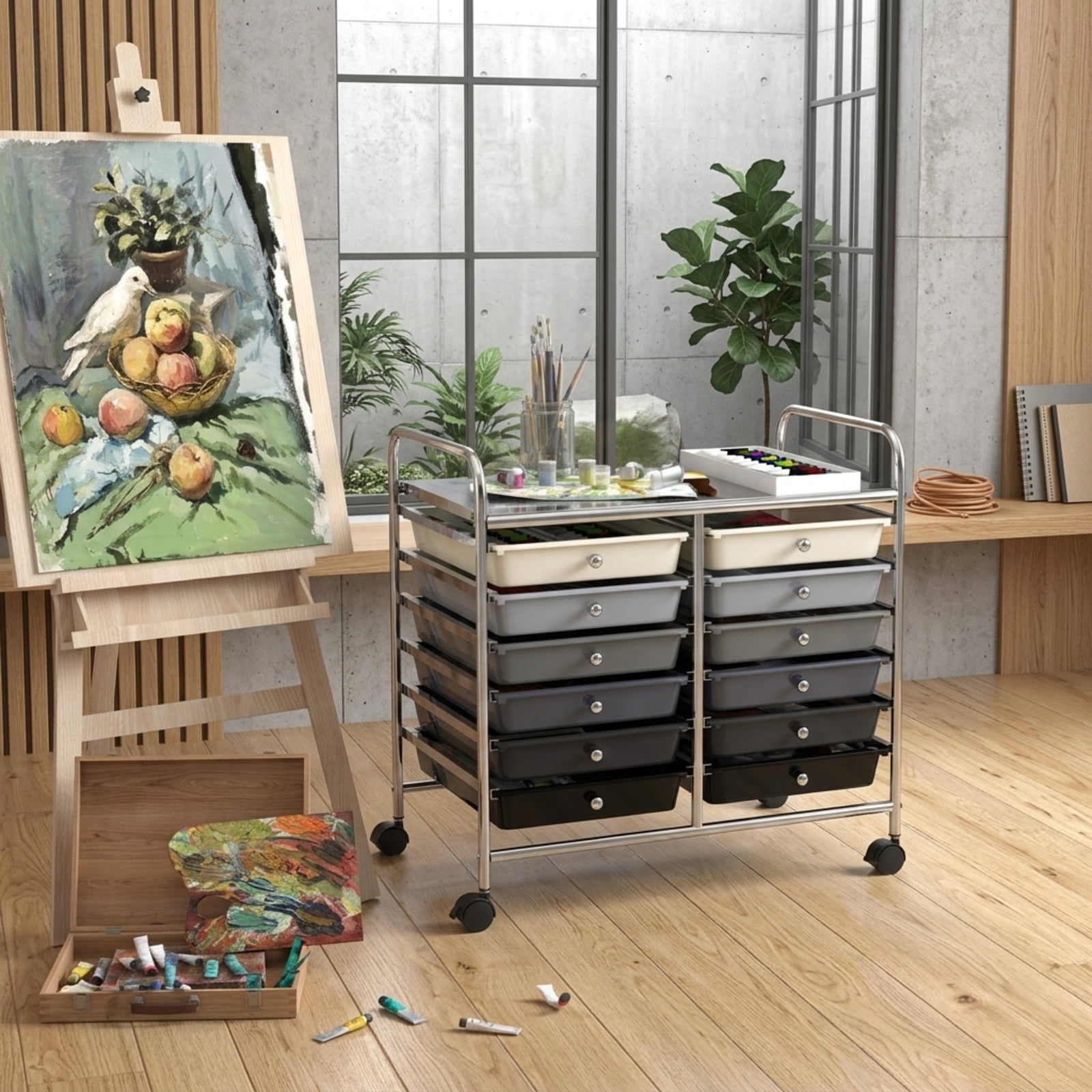 Furnibear 12 Drawers Rolling Storage Cart for Home and Office-Gradient Grey for Home Office Filing Document Letter Legal Storage, Brown