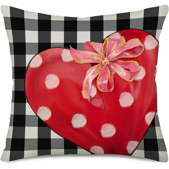 Valentines Day Pillow Cover 18x18 Inch Black White Buffalo Plaid Checkered Red Love Heart Polka Dot Bowknot Decoration Throw Pillow Covers Holiday Home Decorative Cushion Case for Couch