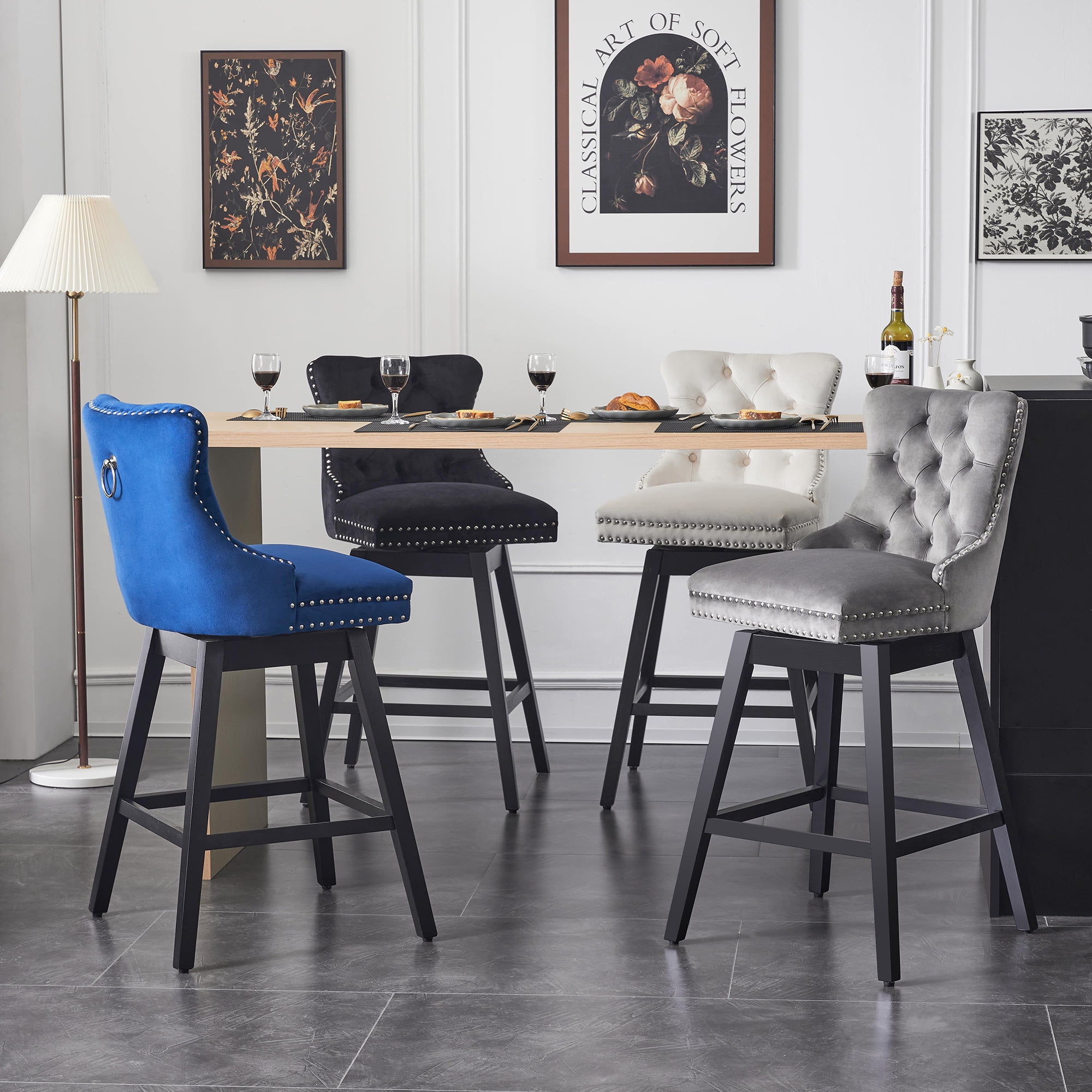 TEWLOSS Swivel Bar Stools Set of 4 - Counter Height, 26" Gray Velvet Barstools for Kitchen Island