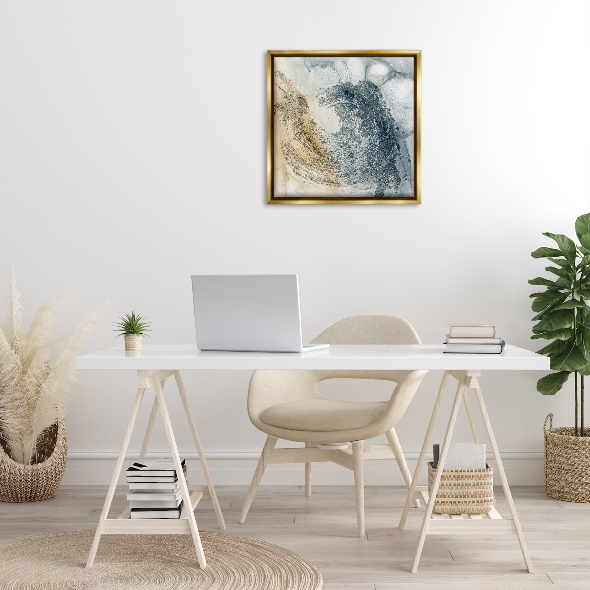 Stupell Industries Grey & Beige Paint Stroke Abstract Painting Gold Floater Framed Canvas Art Print Wall Art, 25 x 25