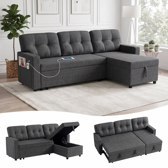 TiramisuBest Convertible Sleeper Sofa Bed, 82" L Shaped Sectional Couch with Pull Out Bed, Storage Chaise & Reversible Lounge, Compact Linen Sectional Sofa for Living Room Apartment, Dark Gray
