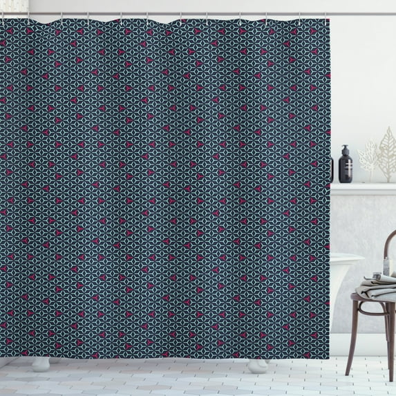 Geometric Shower Curtain, Grid Design with Angled Lines Hexagonal Shapes Abstract, Fabric Bathroom Set with Hooks, 69W X 84L Inches Extra Long, Dark Pink Pale Green and Dark Blue, by Ambesonne
