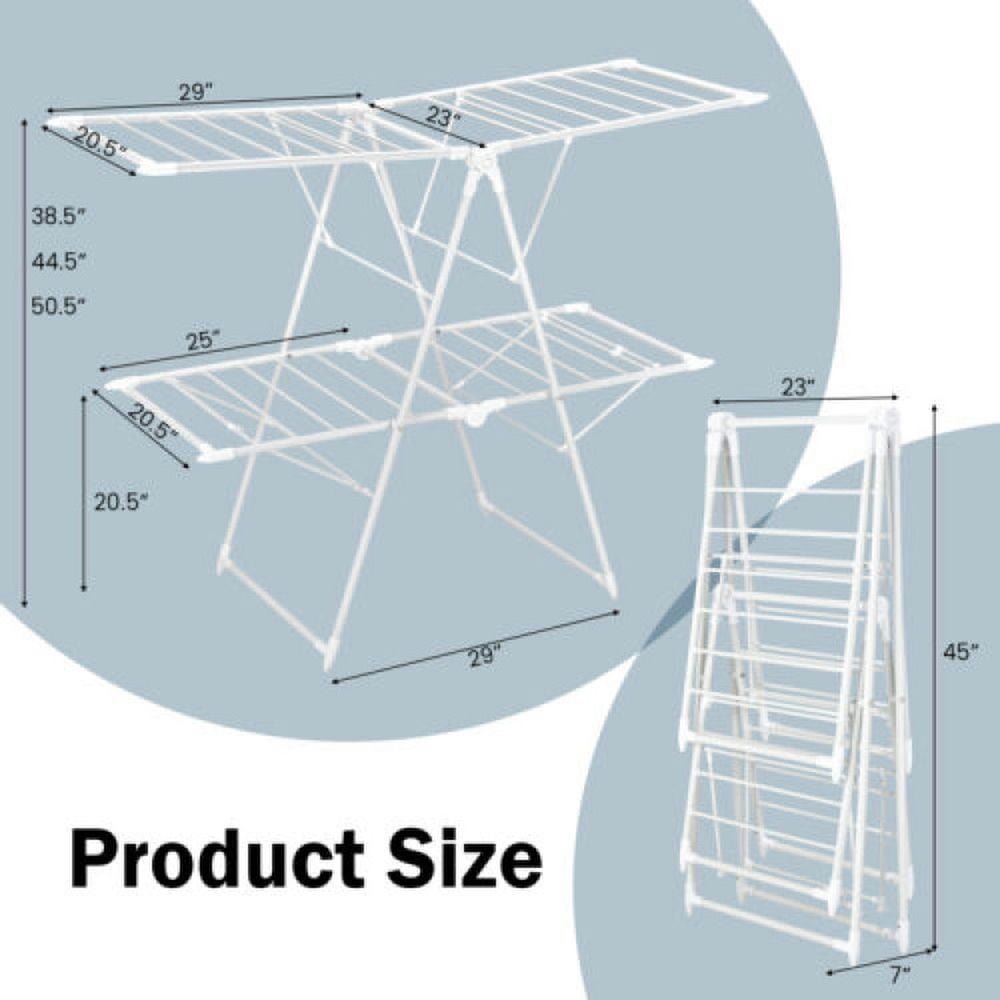 Finihen Drying Rack, Clothes Drying Rack, 2-Level Foldable Clothes Drying Rack with Height-Adjustable Gullwings, for Indoor, Outdoor, White Finihen Drying Rack, Clothes Drying Rack, 2-Level Foldable Clothes Drying Rack with Height-Adjustable Gullwings, for Indoor, Outdoor, White