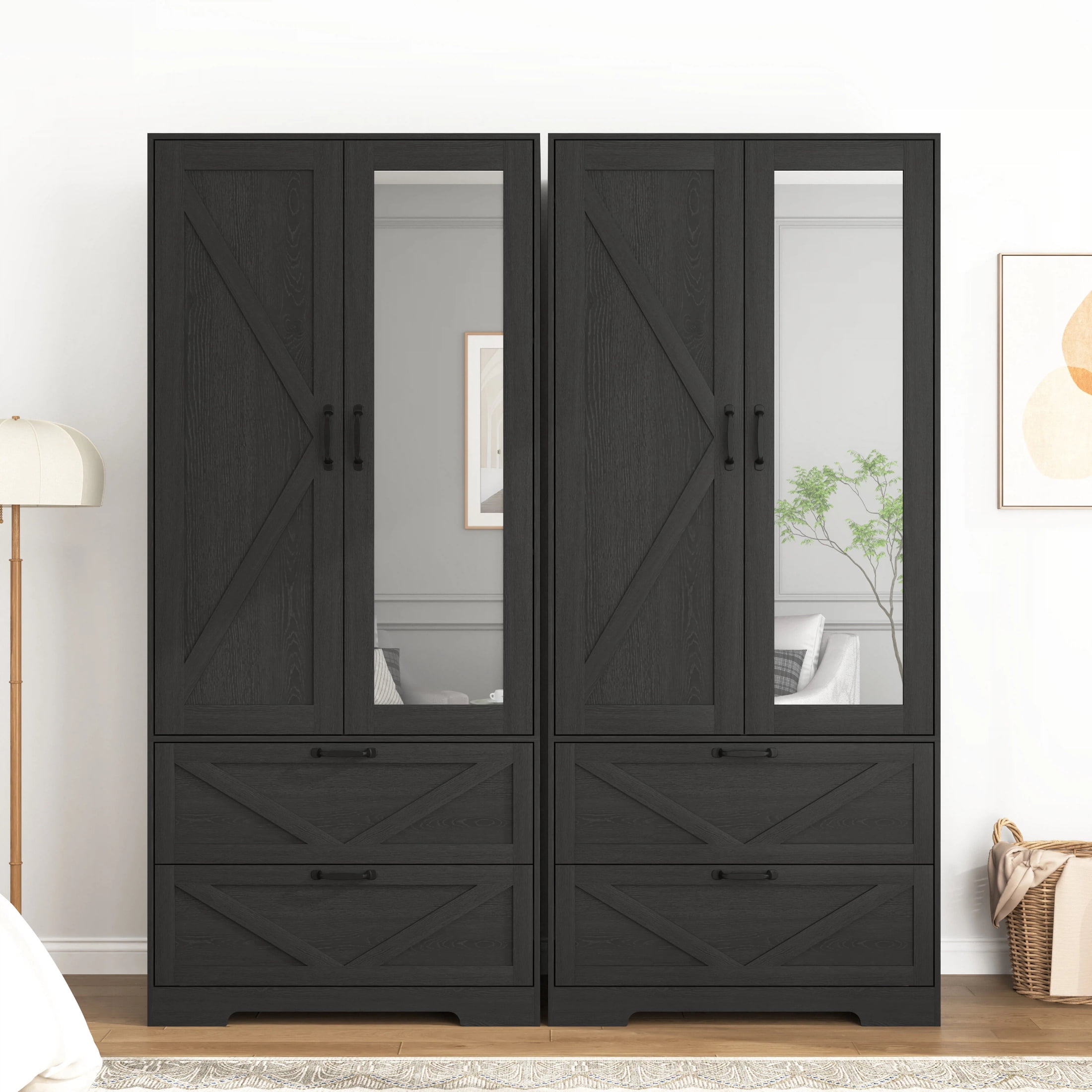 AISWORD 72" Tall Wooden Armoire Closet with Mirror Door, LED Lights, Drawers, Adjustable Shelves & Hanging Rod, Farmhouse Bedroom Storage, Black