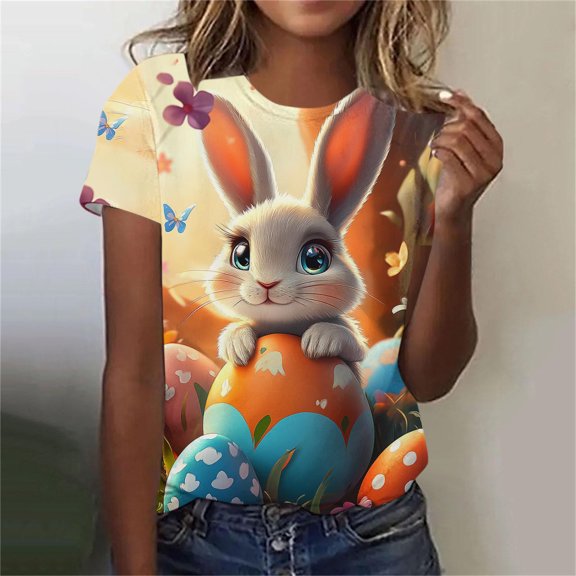 PNTUTB Women's Round-Neck Short-Sleeve T-Shirt: Summer Easter Cute Print Loose Comfortable Breathable Casual Versatile