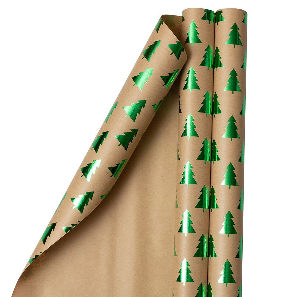 JAM Paper Brown Paper Christmas Kraft Gift Wrap Papers, with Green Christmas Trees (2 Rolls) 50 sq ft